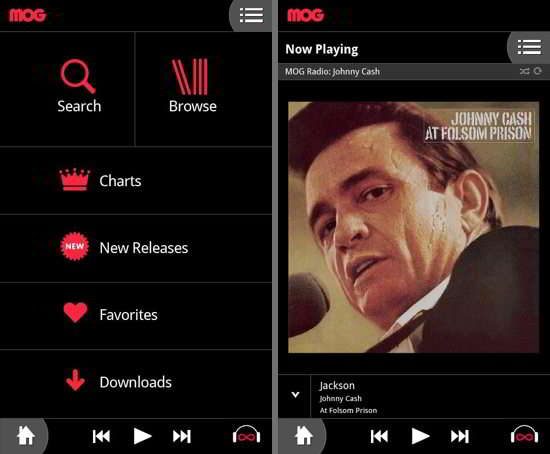 MOG Mobile Music app for android devices