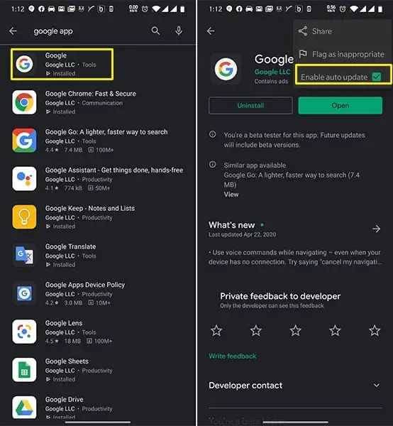 disable google app auto updates