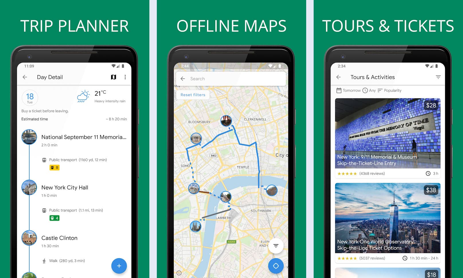  The image shows three mobile apps for organizing and optimizing trips, including a trip planner, offline maps, and a city guide with tours and tickets.