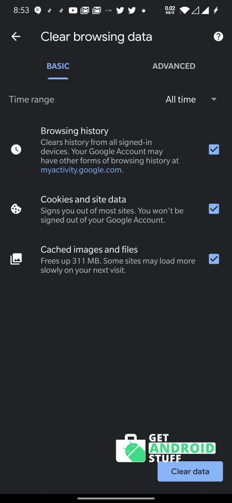 Clear browsing data for chrome android