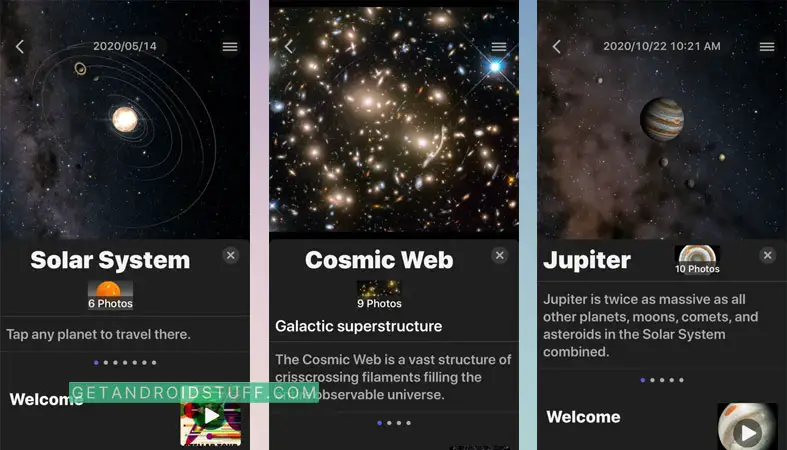 Screenshots of Cosmology science app
