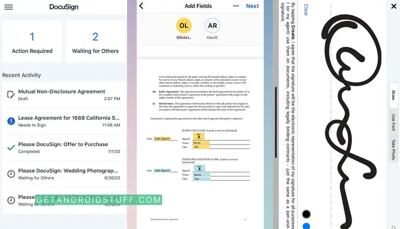 Screenshots of DocuSign app for iPhone and iPad