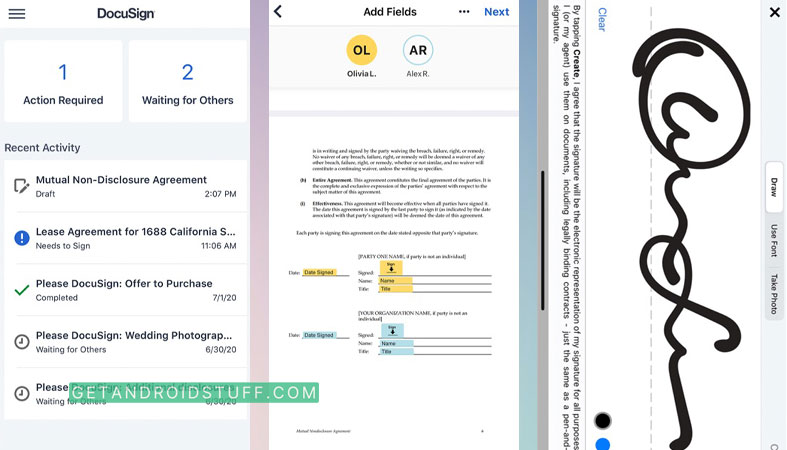 Screenshots of DocuSign app for iPhone and iPad