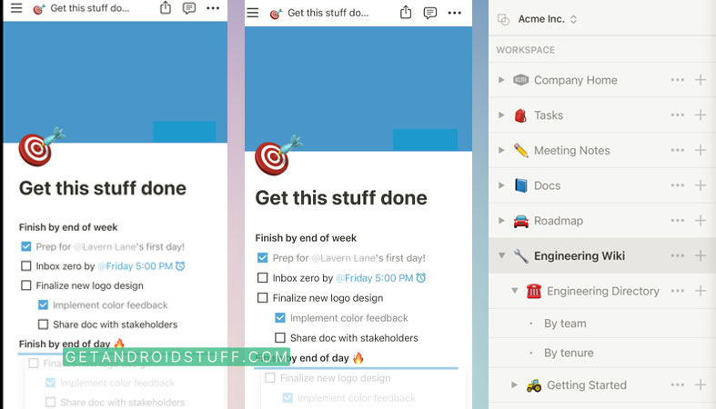 Screenshots of Notion - notes, docs, tasks app