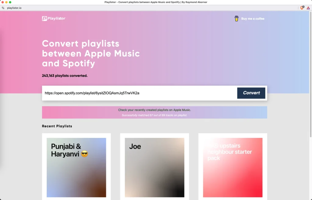 Convert playlists
between Apple Music
and Spotify