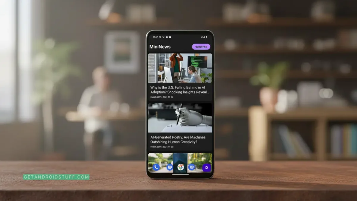 A modern smartphone on a desk showing an AI news app.